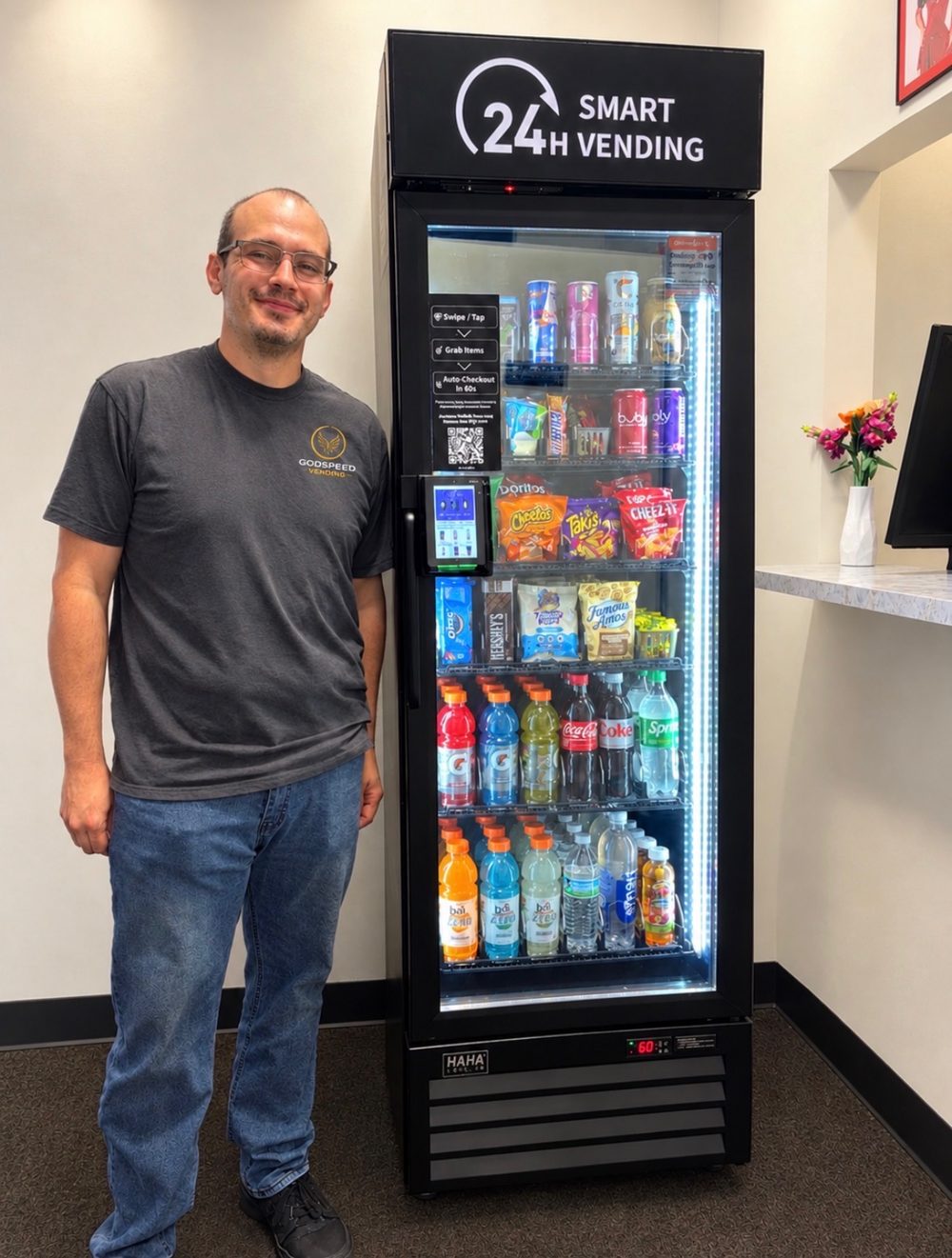 Nick Collins, owner of Godspeed, standing next to a fully stocked Godspeed smart market